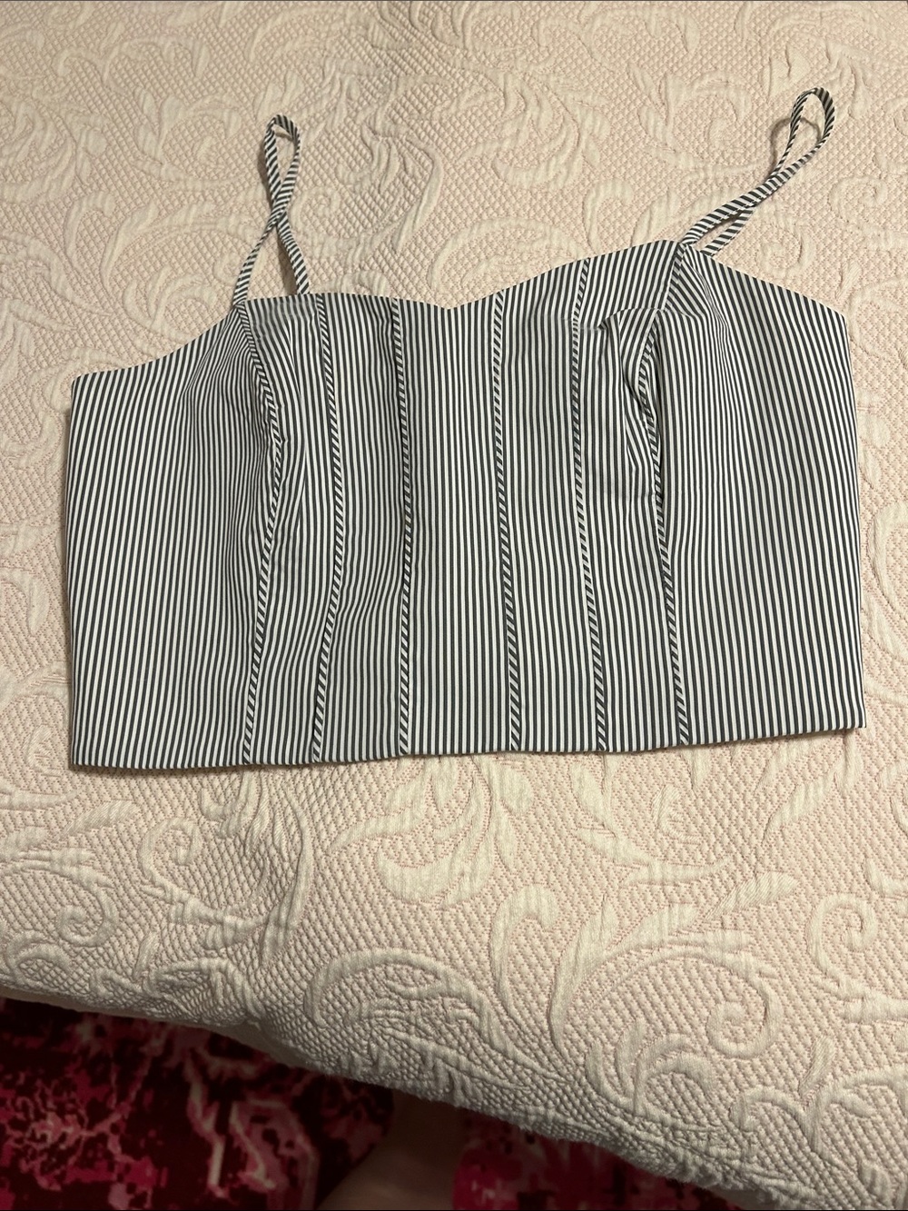 NWT. Club Monaco white and gray/blue stripe spaghetti strap pintuck bandeau top